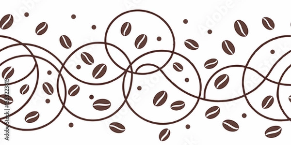 Fototapeta Seamless horizontal vector pattern with coffee rings and beans design  