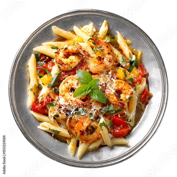 Fototapeta Pasta with tomato sauce and vegetables served as a fresh and healthy meal on a plate, vegetable tomato penne pasta filled a white bowl on wooden background.