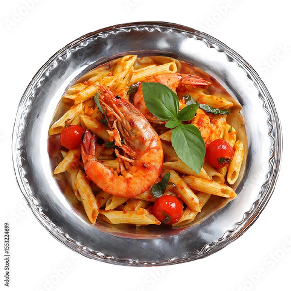 Fototapeta Pasta with tomato sauce and vegetables served as a fresh and healthy meal on a plate, vegetable tomato penne pasta filled a white bowl on wooden background.