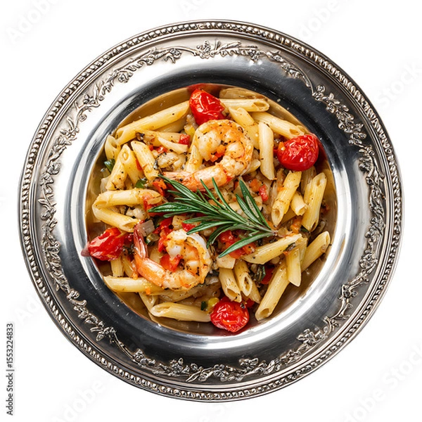 Fototapeta Pasta with tomato sauce and vegetables served as a fresh and healthy meal on a plate, vegetable tomato penne pasta filled a white bowl on wooden background.