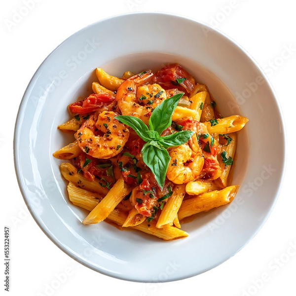 Fototapeta Pasta with tomato sauce and vegetables served as a fresh and healthy meal on a plate, vegetable tomato penne pasta filled a white bowl on wooden background.