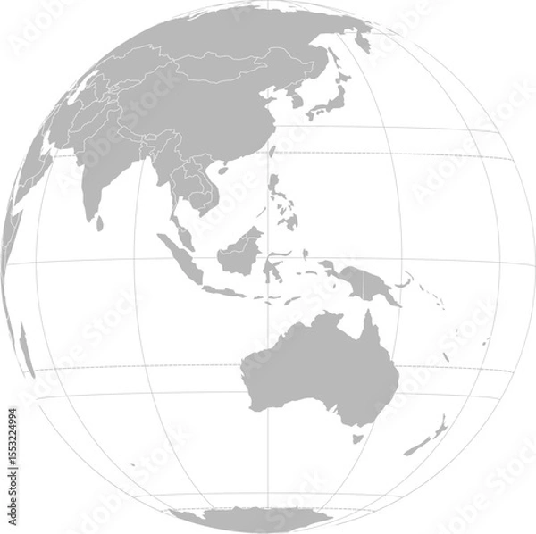 Obraz World vector map with country boundaries and graticules (Indonesia-centered view, orthographic projection, PPT-compatible & fully editable)