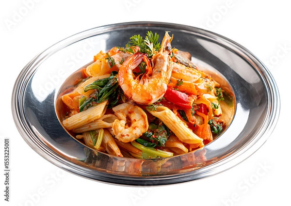 Fototapeta Pasta with tomato sauce and vegetables served as a fresh and healthy meal on a plate, vegetable tomato penne pasta filled a white bowl on wooden background.