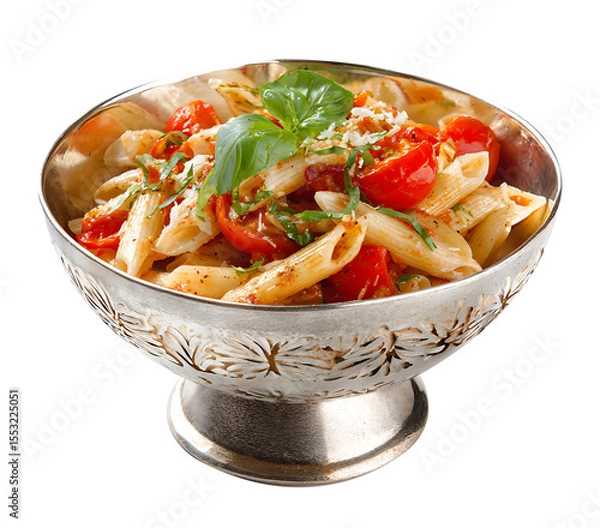 Fototapeta Pasta with tomato sauce and vegetables served as a fresh and healthy meal on a plate, vegetable tomato penne pasta filled a white bowl on wooden background.