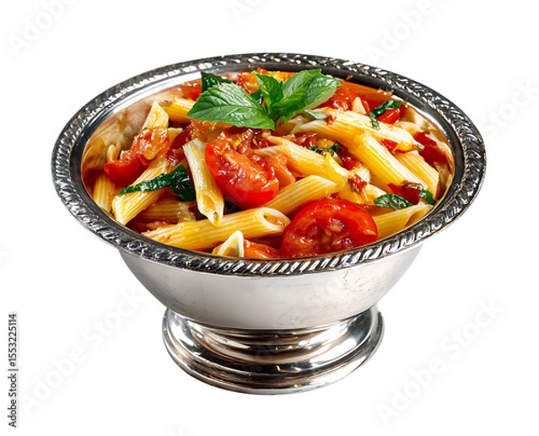 Fototapeta Pasta with tomato sauce and vegetables served as a fresh and healthy meal on a plate, vegetable tomato penne pasta filled a white bowl on wooden background.