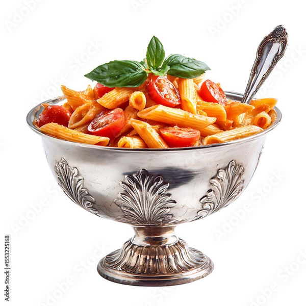 Fototapeta Pasta with tomato sauce and vegetables served as a fresh and healthy meal on a plate, vegetable tomato penne pasta filled a white bowl on wooden background.