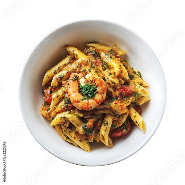Fototapeta Pasta with tomato sauce and vegetables served as a fresh and healthy meal on a plate, vegetable tomato penne pasta filled a white bowl on wooden background.