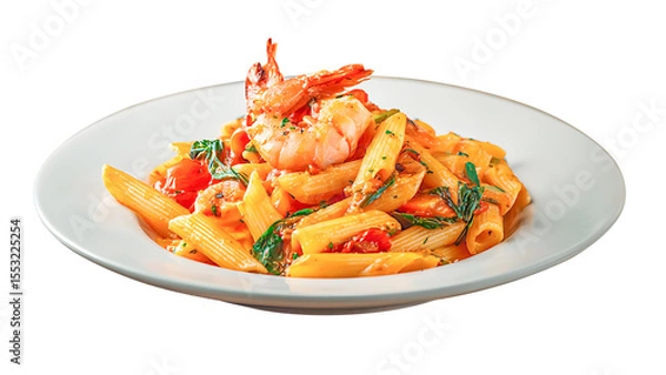 Fototapeta Pasta with tomato sauce and vegetables served as a fresh and healthy meal on a plate, vegetable tomato penne pasta filled a white bowl on wooden background.