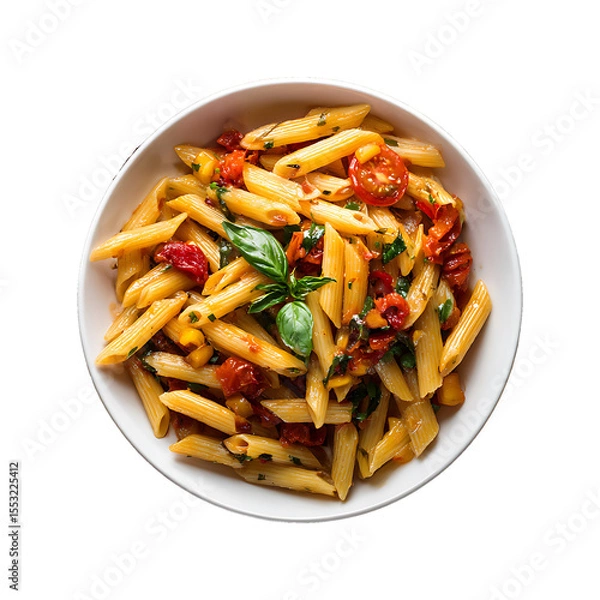 Fototapeta Pasta with tomato sauce and vegetables served as a fresh and healthy meal on a plate, vegetable tomato penne pasta filled a white bowl on wooden background.