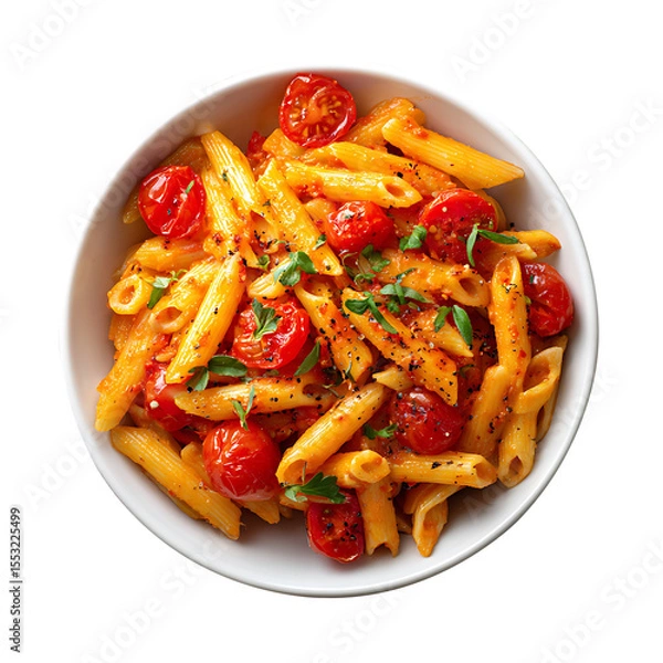 Fototapeta Pasta with tomato sauce and vegetables served as a fresh and healthy meal on a plate, vegetable tomato penne pasta filled a white bowl on wooden background.