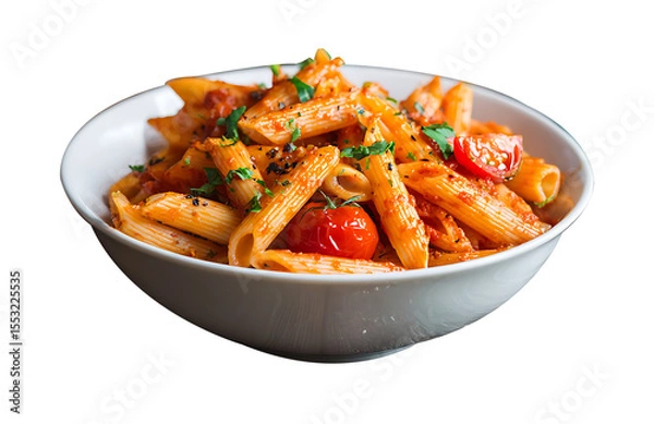 Fototapeta Pasta with tomato sauce and vegetables served as a fresh and healthy meal on a plate, vegetable tomato penne pasta filled a white bowl on wooden background.