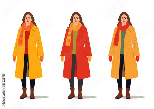 Obraz Stylish woman showcasing three different outfits in vibrant colors during the autumn season. Vector illustration