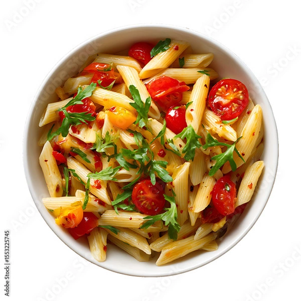 Fototapeta Pasta with tomato sauce and vegetables served as a fresh and healthy meal on a plate, vegetable tomato penne pasta filled a white bowl on wooden background.