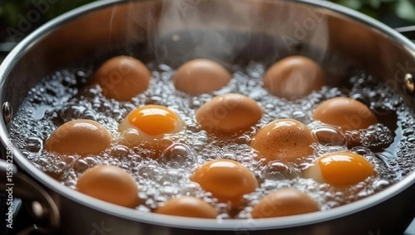 Fototapeta Close-up of multiple brown eggs boiling in a pot with visible steam and bubbling water