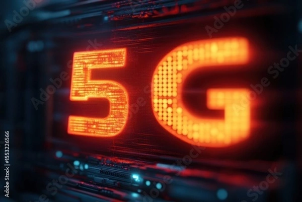 Fototapeta Close-up illuminated digital display of glowing orange 5G text with futuristic dark technological background