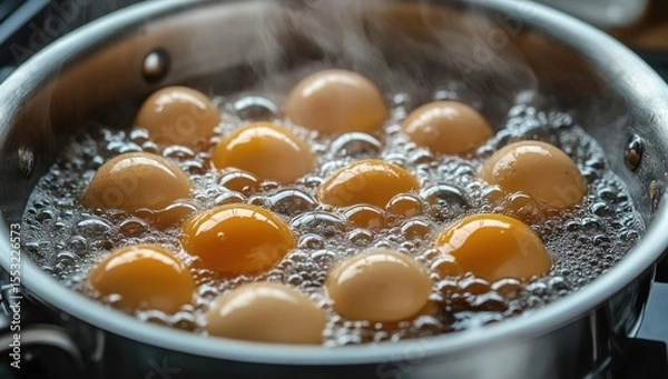 Fototapeta Multiple eggs boiling in a pot with water vigorously bubbling and steam rising