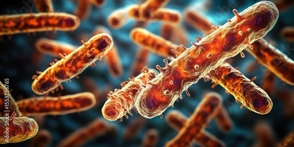 Fototapeta Close-up 3D visualization of rod-shaped bacteria with detailed surface texture floating in a bluish environment conveying microscopic biological activity