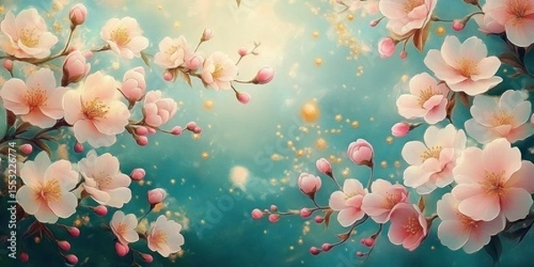 Fototapeta delicate pink cherry blossoms with buds on branches against a dreamy blue background with glowing golden particles
