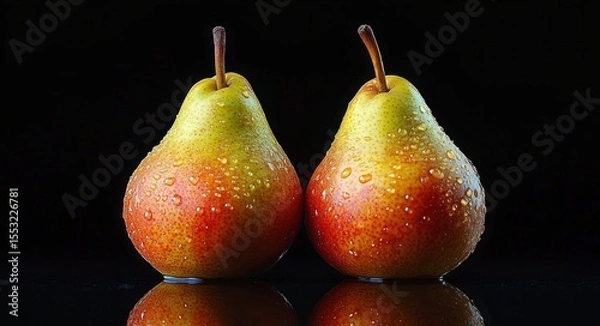 Fototapeta Two fresh yellow and red pears with water droplets standing side by side on a reflective black surface