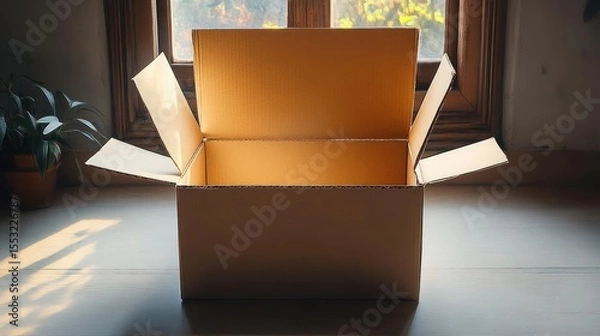 Fototapeta Opened empty cardboard box placed on a wooden surface near a window with soft sunlight casting shadows, indoor plant nearby, warm and calm atmosphere