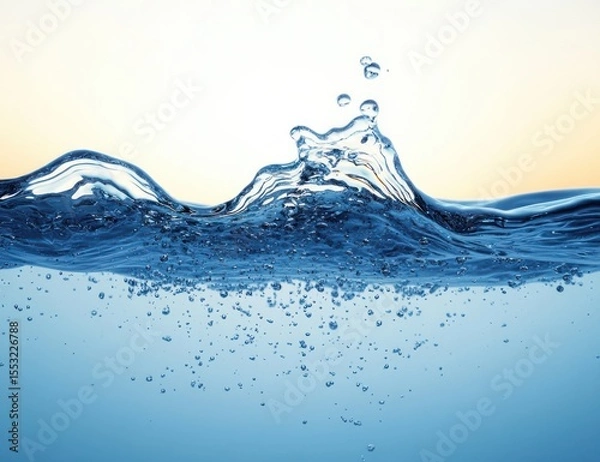 Fototapeta Close-up view of clear blue water with bubbles rising and dynamic waves under soft natural light