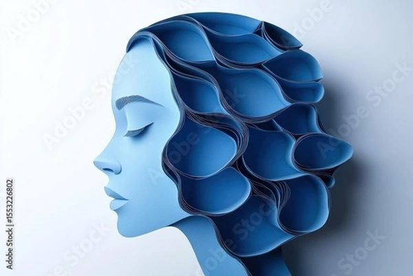 Fototapeta Profile of a serene female face in soft blue tones with stylized layered hair resembling flowing paper or waves, evoking calm and elegance