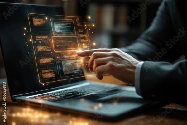 Fototapeta Close-up of businessman interacting with glowing futuristic digital interface projected above laptop keyboard in dimly lit office