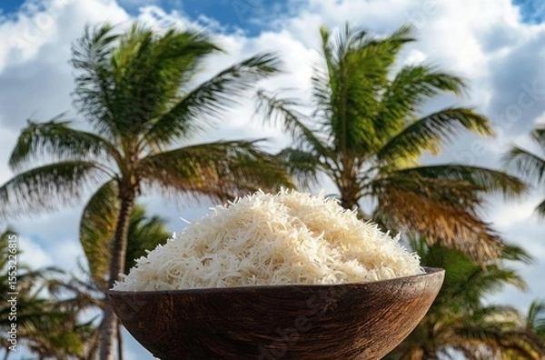 Fototapeta Close-up of a wooden bowl filled with cooked white rice with green palm trees and a partly cloudy sky in the background on a sunny day