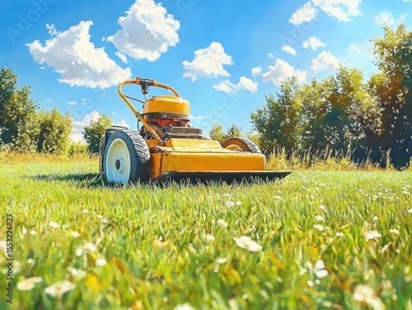 Fototapeta bright yellow lawn mower on green grass field under a vibrant blue sky with fluffy white clouds surrounded by tall trees on a sunny day