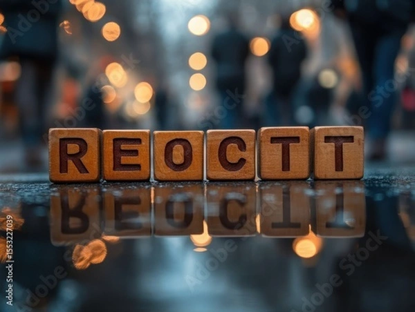 Fototapeta wooden blocks with letters arranged in a random order reflecting on a wet surface with blurred city street lights and people in the background