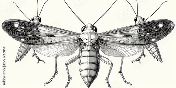 Fototapeta Detailed black and white illustration of three locusts with large transparent wings and segmented bodies displayed in symmetrical formation