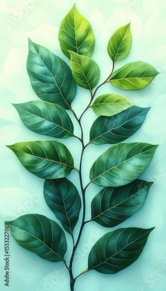 Fototapeta Illustration of a single plant branch with a combination of green and blue-green leaves on a soft gradient background evoking calm and natural beauty