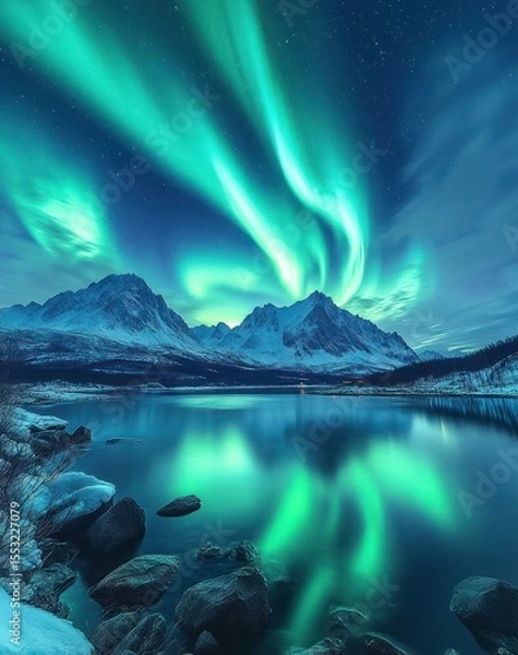 Fototapeta Vivid green northern lights dancing over snow-covered mountains reflecting on a calm lake under a starry night sky