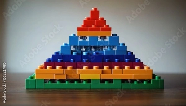 Fototapeta Colorful pyramid constructed from interlocking plastic building blocks arranged in horizontal layers on a wooden surface with neutral background