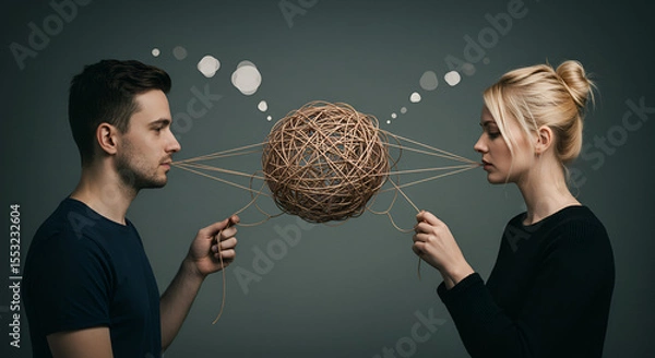 Fototapeta Tangled communication Male female and string sphere