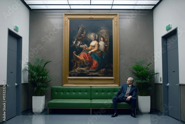 Obraz Elderly man sitting on green sofa in hallway of art gallery observing large framed painting on the wall above him