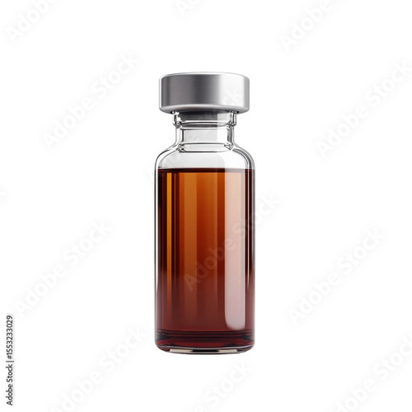 Fototapeta Medical Elixir Amber Fluid In Glass Vial With Silver Cap Science Chemistry on transparent background