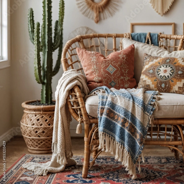 Obraz Bohemian lounge interior with peacock rattan accent chairs, multi-layered blankets and hand-woven cushions next to tall cactus and patterned rug