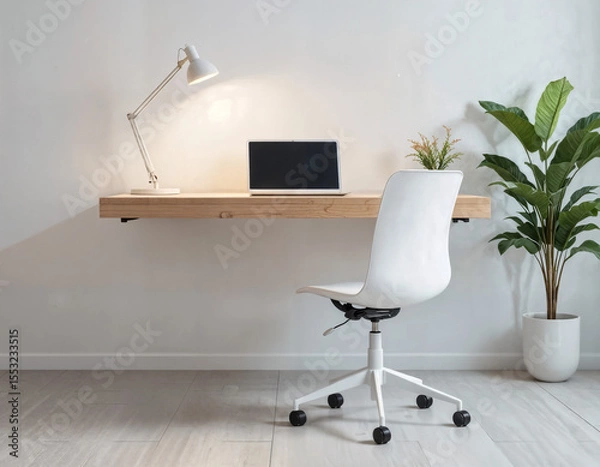 Obraz A minimalist workspace with a birch desk, sleek ergonomic white office chair, and wireless LED desk lamp creates a practical and trendy home office with clean, even lighting and a central location.