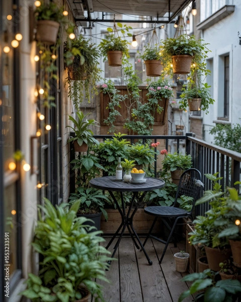 Obraz A small urban balcony transformed into a cozy retreat a compact bistro set hanging planters and fairy lights- Close-up on the details of the plants and lights- 2