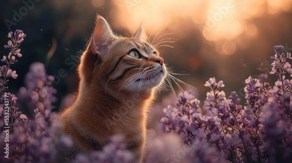 Obraz Orange tabby cat looking upwards surrounded by purple flowers with warm glowing sunset light in the background