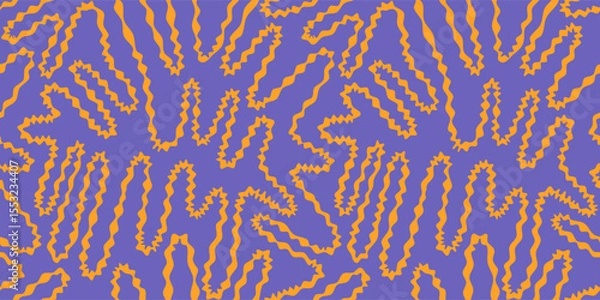Fototapeta Seamless funky groovy abstract Halloween background. Unusual trendy modern psychedelic maze creative repeat pattern. Uneven hand drawn zigzag continuous distorted doodle endless line, wavy stripe.