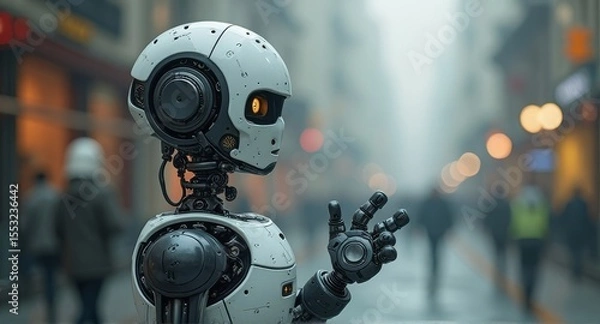 Obraz Android exploring the human world at dusk.