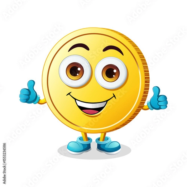 Obraz Funny and happy gold coin, cartoon character mascot with eyes and smile. Very emotional and successful coin, say okay with hand