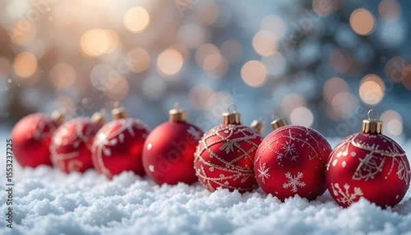 Fototapeta  Festive Red Christmas Ornaments in a Row on Snowy Bokeh Background