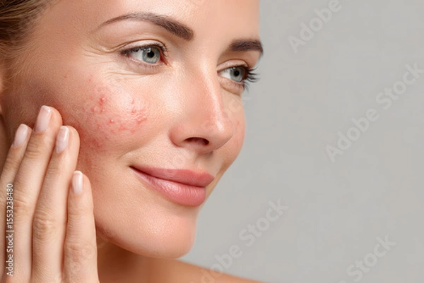 Fototapeta Woman gently touches her cheek, revealing acne while showcasing clear skin and a gentle smile in soft lighting