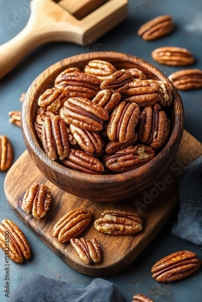 Fototapeta Close-up of pecan nuts in a wooden bowl on a wooden board with scattered pecans around, showcasing natural textures and warm earthy tones
