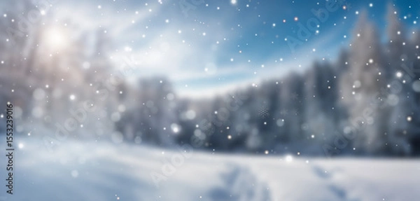 Fototapeta A snowy forest at sunset with pine trees, golden sunlight, and falling snowflakes, creating a dreamy and tranquil winter wonderland scene.