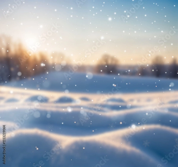 Fototapeta A snowy forest at sunset with pine trees, golden sunlight, and falling snowflakes, creating a dreamy and tranquil winter wonderland scene.