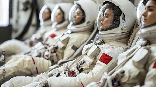 Fototapeta A group of astronauts in white space suits sit in a row, preparing for a mission or training session, focused and ready for space exploration.